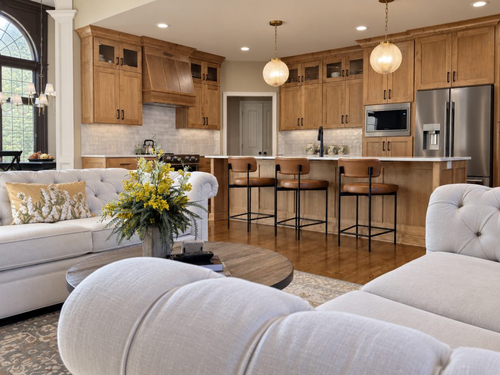 Open-concept living and kitchen space after a Kansas City kitchen and fireplace remodel