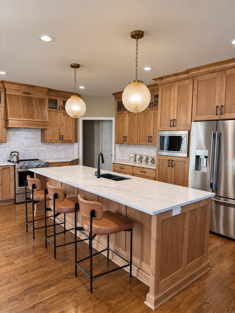 Custom wood kitchen cabinetry with glass-front uppers and range hood in a Kansas City remodel